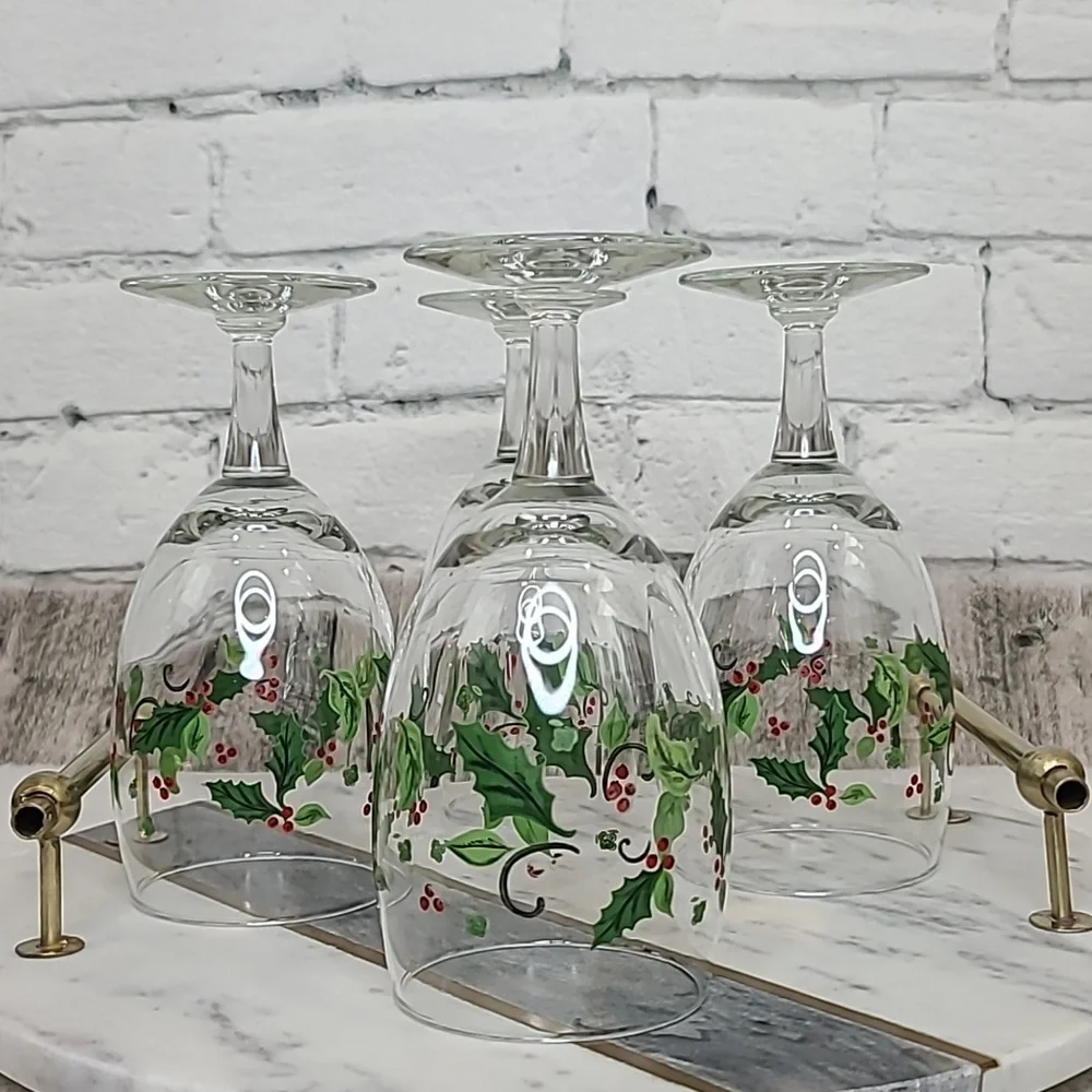 Libbey Vintage Holiday Holly Iced Tea Glass/Goblets Set of 4 (Four) Green/Red